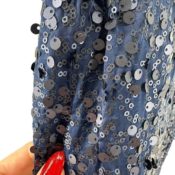 Davids Bridal Sequin Maxi Dress Navy Blue Size 1X Blouson Sleeveless Boat Neck - Picture 7 of 16